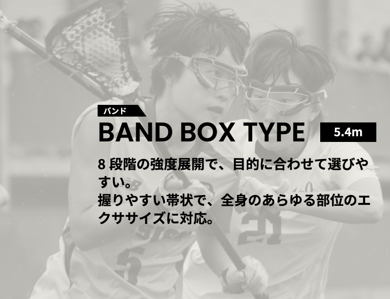 バンド BAND BOX TYPE 8段階の強度展開で、目的に合わせて選びやすい。握りやすい帯状で、全身のあらゆる部位のエクササイズに対応。