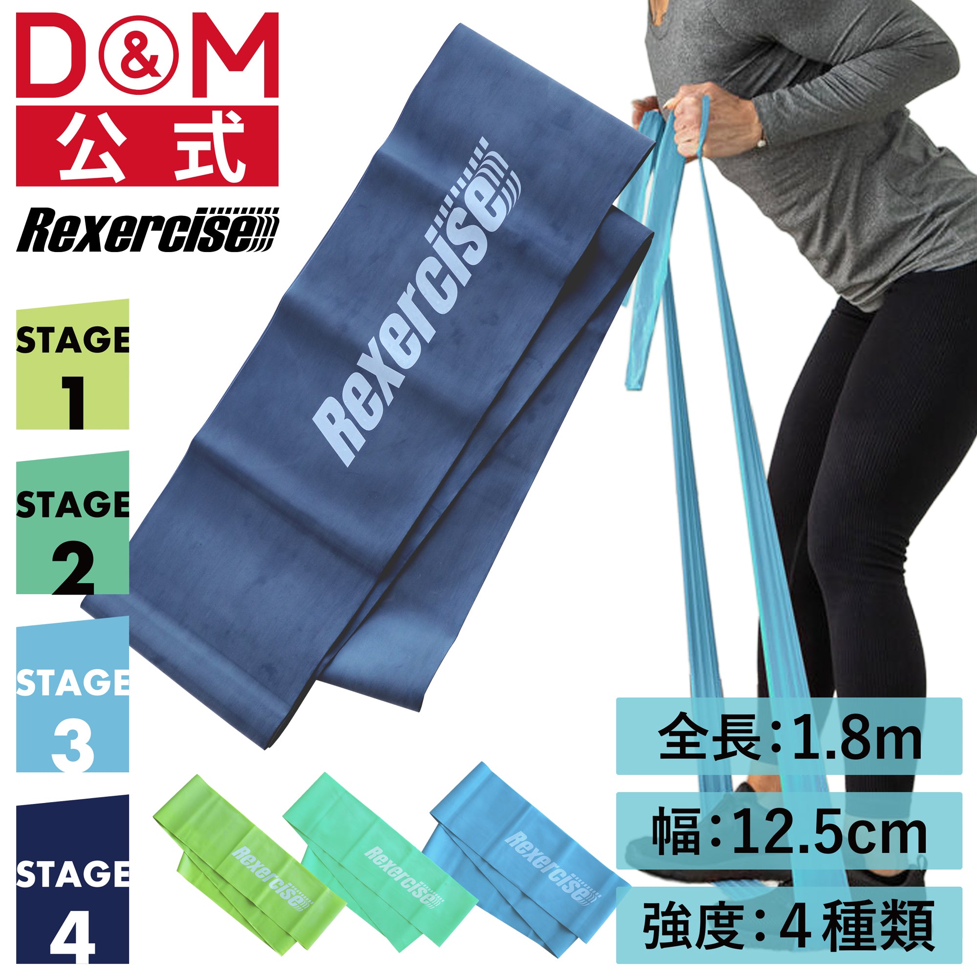 レクササイズ トレーニングバンド 1.8m 強度レベル4種類 強度別 幅12.5